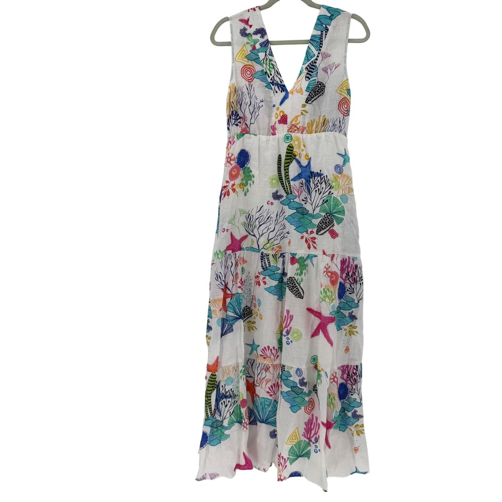 Vilagallo Linen Sea Life Print Maxi Dress V-Neck Tiered Multi 38 NEW Linen